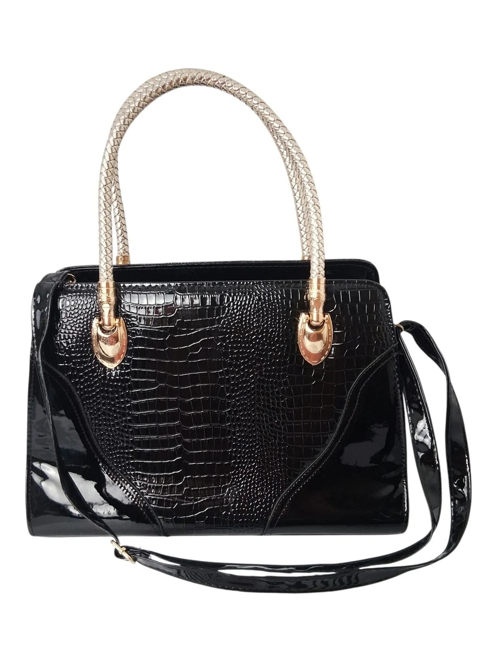 Black Faux Croc Satchel Bag Braided Gold Handle Patent Pleather Shoulder Purse